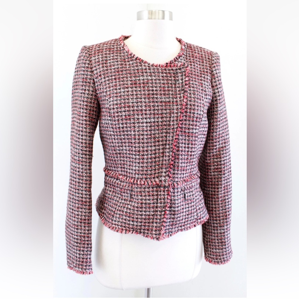 White House Black Market Tweed Moto Blazer Jacket Red Black Metallic Size 0 - Picture 3 of 12